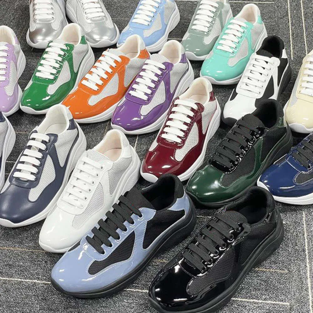 Men Americas Cup XL Leather Sneakers عالية الجودة براءة اختراع جلدية مدربين مسطحة أسود شبكية من الدانتيل غير الرسمي أحذية عداء في الهواء الطلق أحذية رياضية مع حقيبة صندوق no53