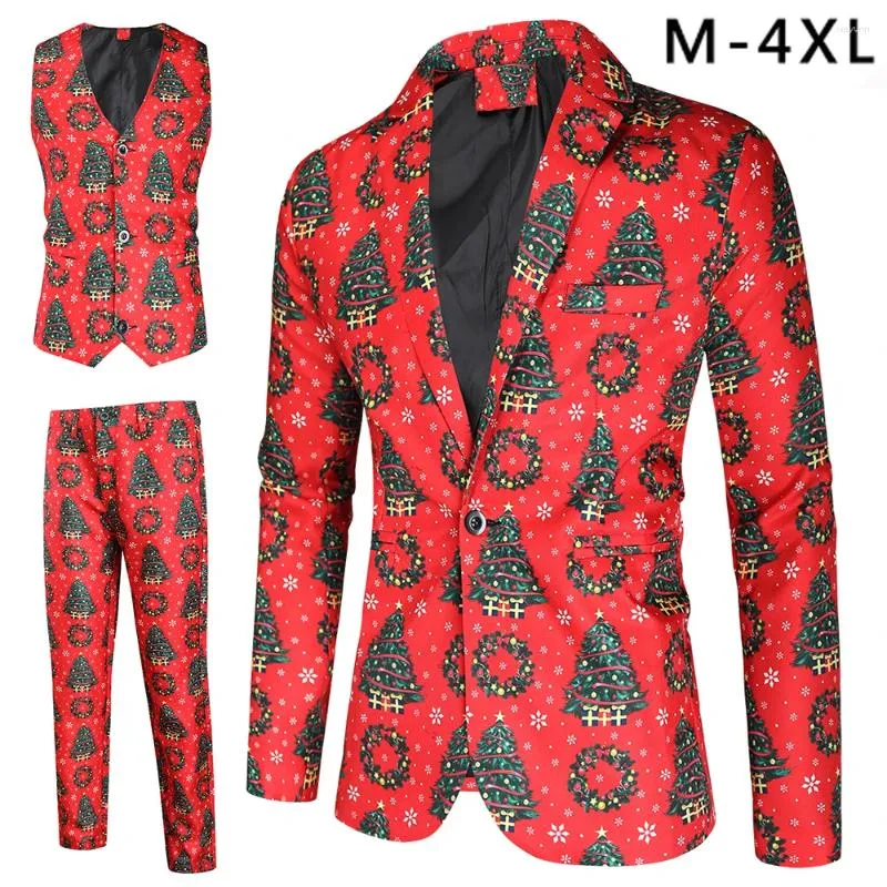 Costumes pour hommes Arbre de Noël imprimé Rouge Hommes Mode Prom Party Dress Up Blazers Veste Gilet Pantalon Plus Taille Slim Costume Homme