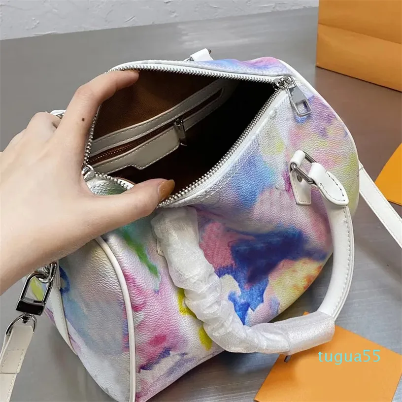 Tasche Kissen Zylinder Paket Große Kapazität Handtasche Patchwork Farbe Narbenleder Reißverschluss Abnehmbarer Schultergurt Reisetaschen