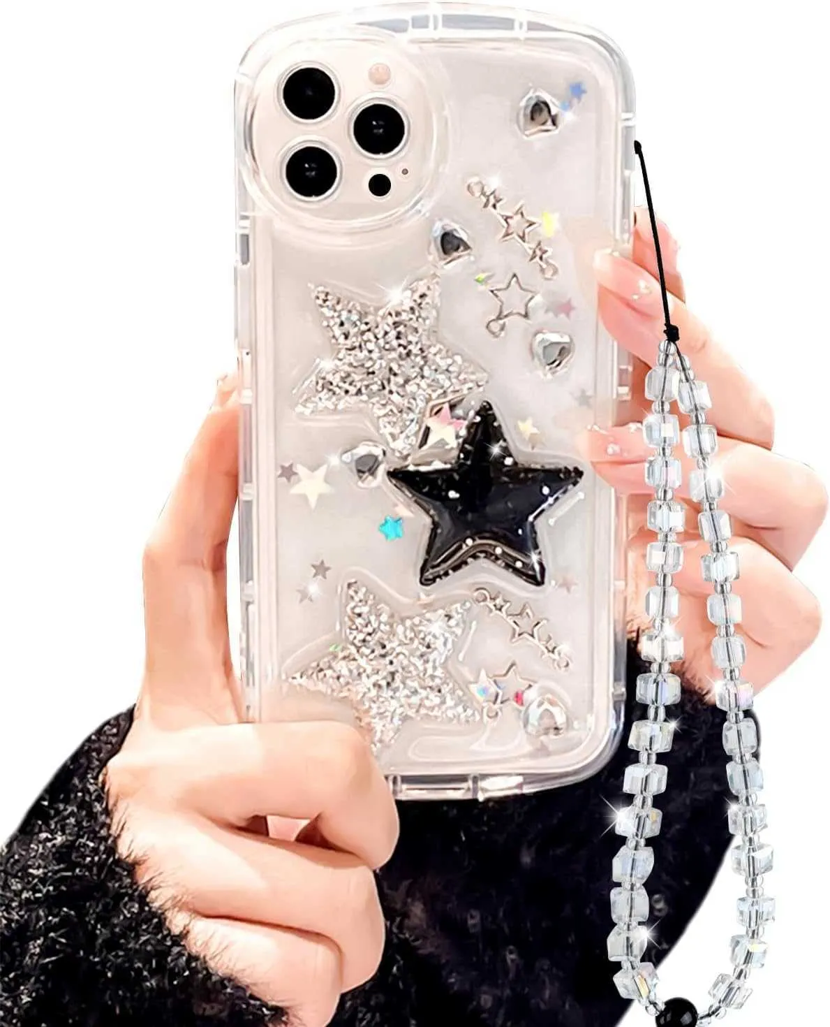 Capa para iphone fofa glitter 3D estrelas cristal coração transparente com design estética mulheres adolescentes meninas linda capa protetora fofa + corrente de telefone de cristal 1PICC