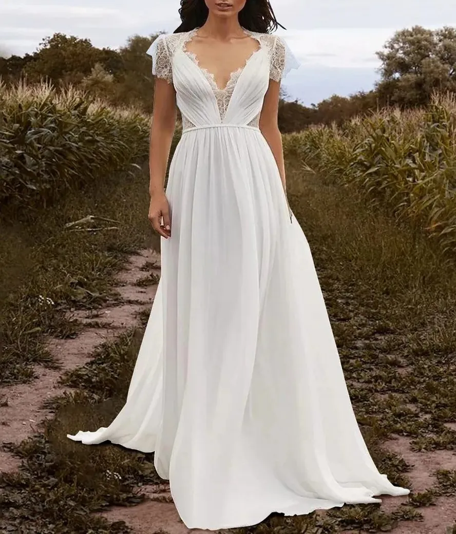 Modesto abito da sposa a-line con scollo a V corte strascico in chiffon manica con cappuccio in pizzo bottoni sul retro spiaggia Boho abiti da sposa sexy trasparente sul retro abiti da sposa