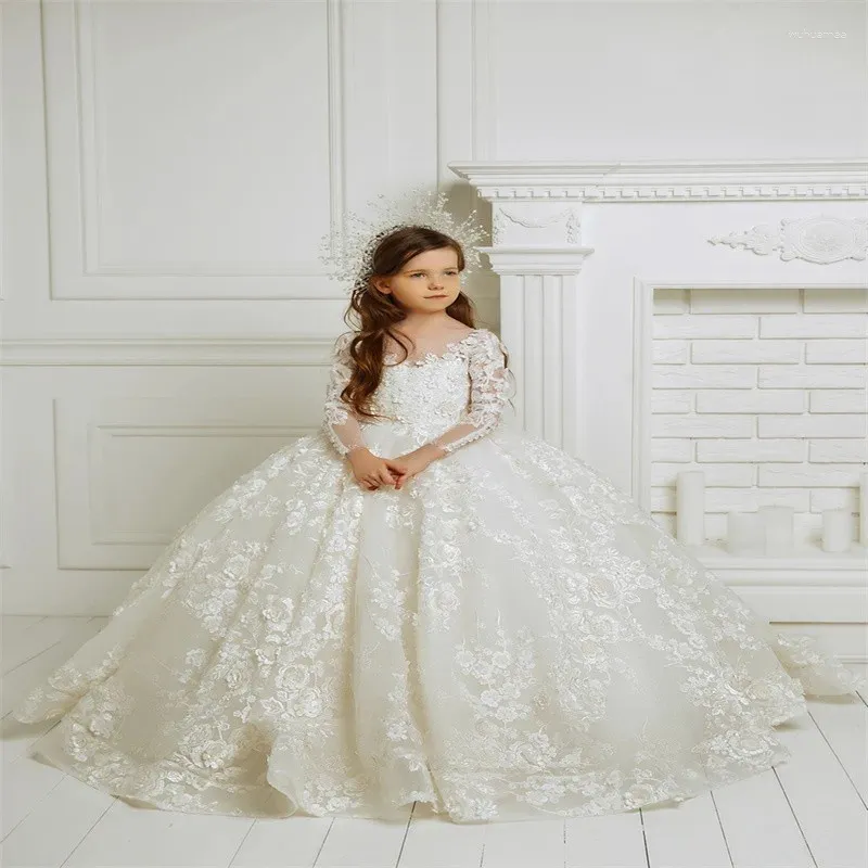 Girl Dresses Simple Flower Ivory Long Sleeve For Wedding Prom First Communion Lace Floral Appliques Party Girls Pageant Gowns