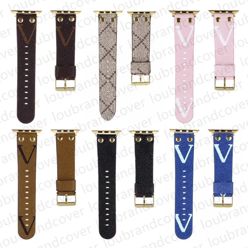 Designer Gold Watch Band Links for apple watch band 49mm 44mm 45mm 38mm iwatch series 8 9 4 5 6 7 Strap Leather Rivet Bracelet Original Monogram Letter Print