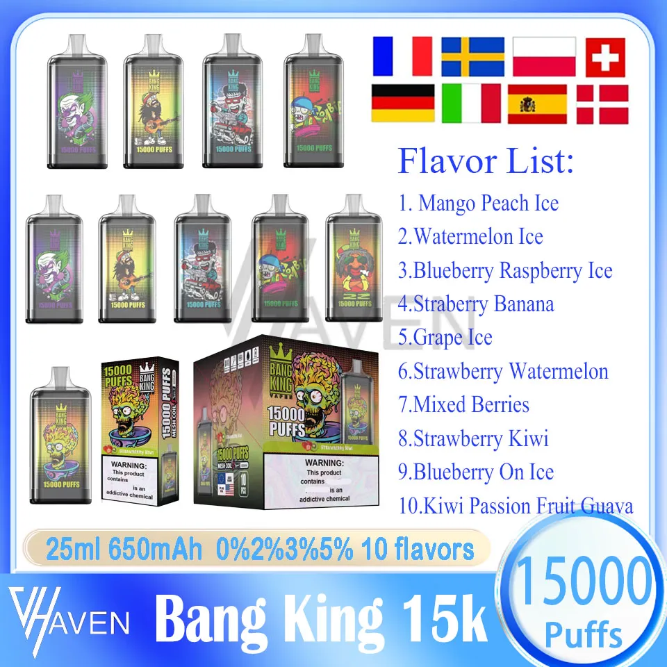 Original Bang King 15000 Puffs Bars jetables Vape Pen E cigarettes 25 ml Cartouche de dosettes pré-remplies 650 mAh Batterie rechargeable Puffs 15K