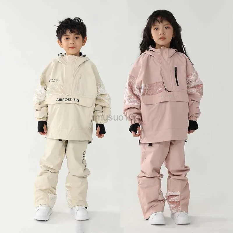 Andere Sportartikel Neues Kinder-Ski-Set, warme Outdoor-Snowboardjacke, Overalls, Mädchen-Jungen-Kinder-Skianzug, winddicht, wasserdicht, mit Kapuze, Winterkleidung, HKD231106