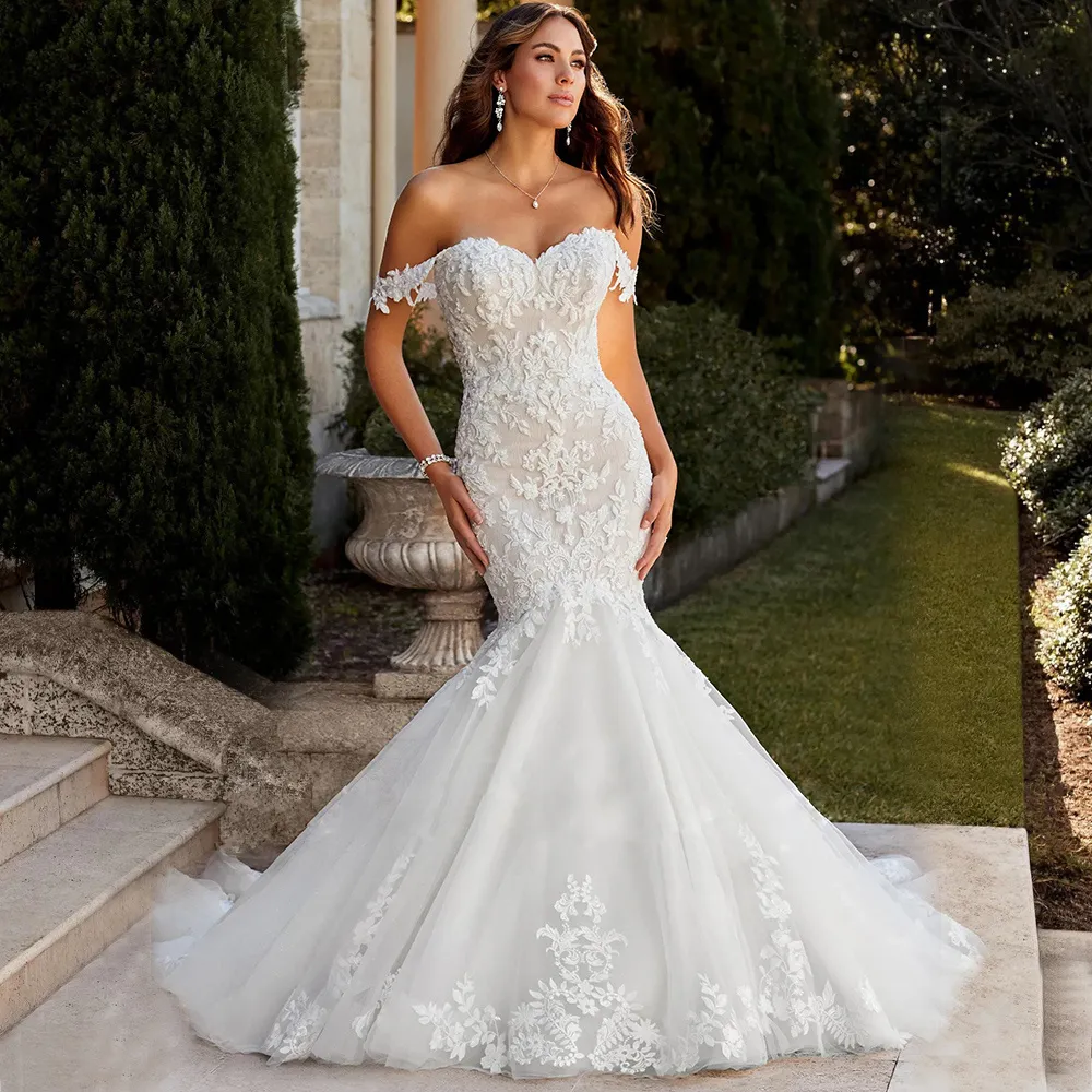 Vintage Lace Applique mermaid wedding dress with Off-Shoulder Design, Beaded Details, and Chapel Train