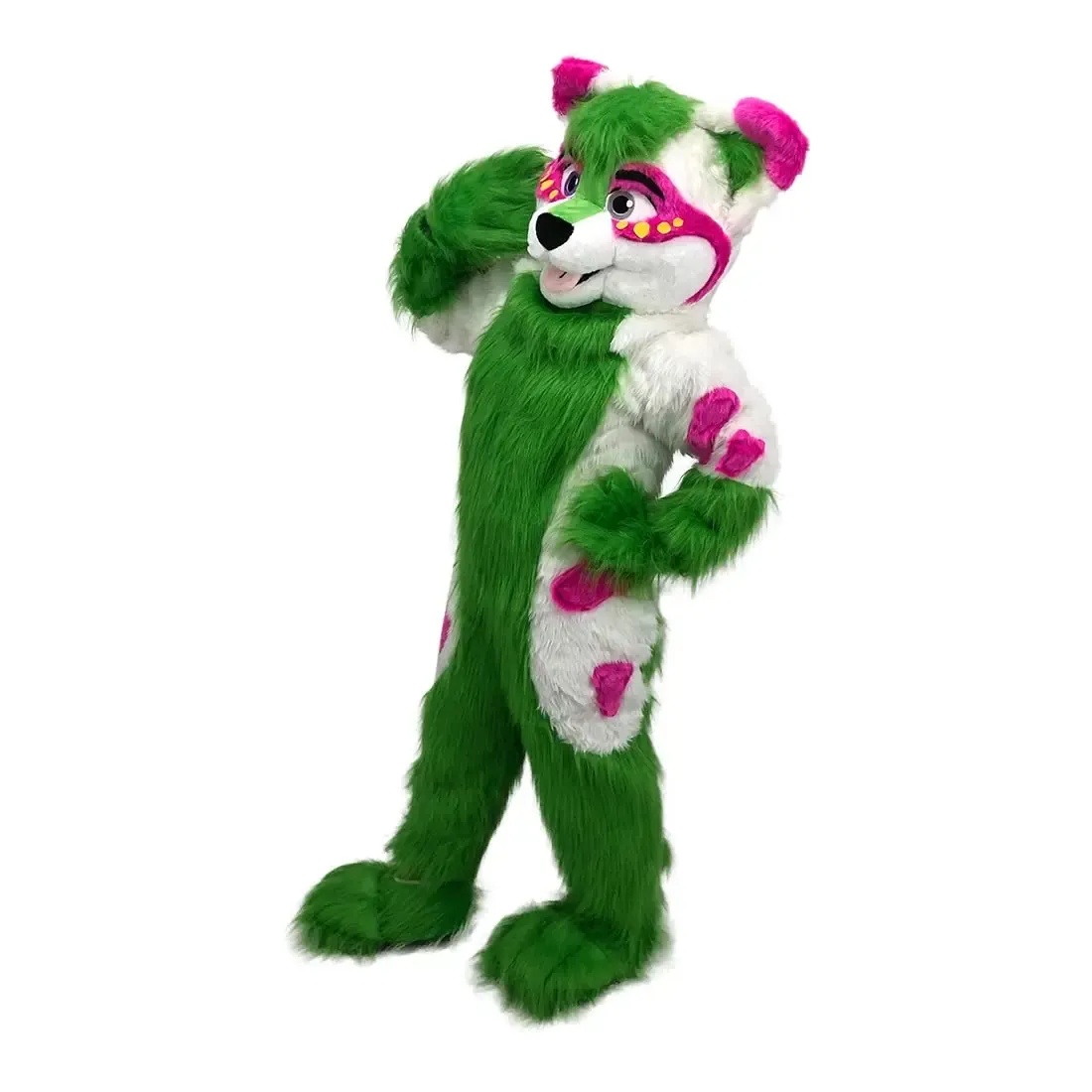 2024 Korting Long Fur Fox Green Husky Hond Suit jurk volwassen maat unisex stripfilm karakter mascotte kostuum Halloween