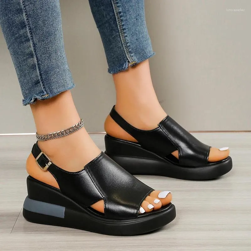 Sandals 2023 Summer Women Wedge Solid Color Open Toe High Heels Casual Ladies Buckle Strap Fashion Mujer