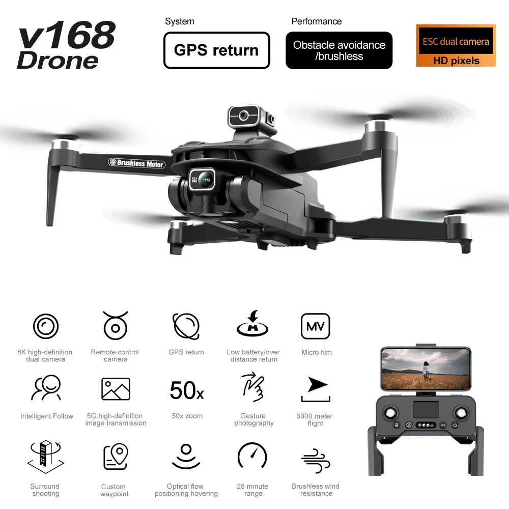 2023 Nouveau 8K ESC Dual HD Camar RC 3KM Endurance 28 min Drone professionnel 5G Moteur sans balais Positionnement GPS 360 évitement intelligent des obstacles V168