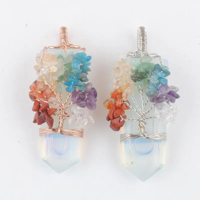 Pendentif Colliers 2 Pcs/Lot Naturel Opa Pierre 7 Chakra Arbre De Vie Bijoux Pour Femmes Hommes Or Rose Fil Silvers Wrap Épée TBN490Pendentif