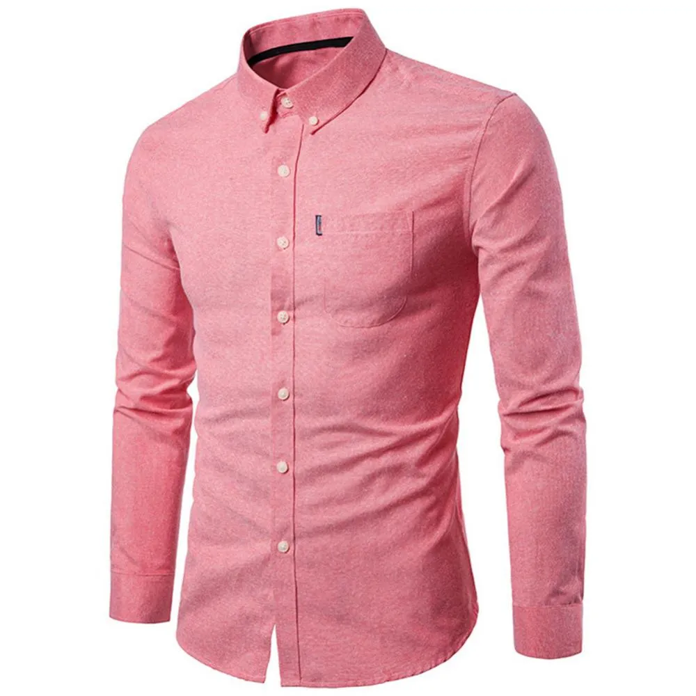 Uomini di colore solido girare giù camicia a manicotto lungo collare camicie tascabili