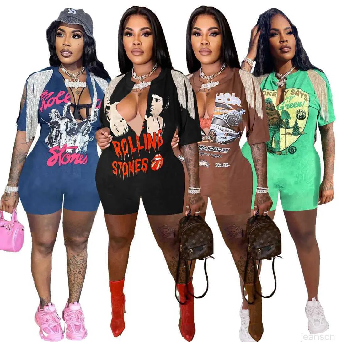 Mumins de verão femininos Impresso Hip Hop Street Split Pin Tassel Tassel Manga curta T-shirt Jumpsuit Rompers Rompers Voman Blue Rodper Mulheres