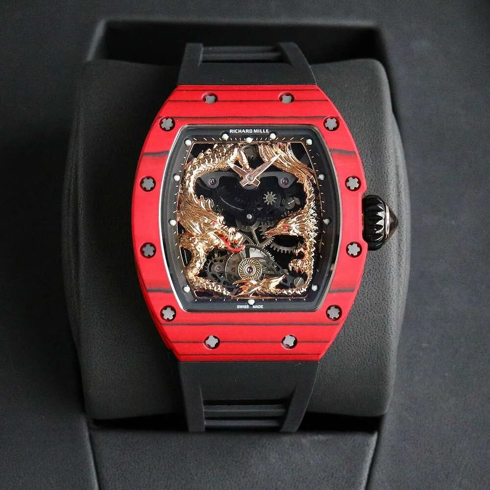 Design RM57 Tourbillon Male Dragon och Phoenix Superclone Carbon Fiber Watch Automatic New RM57-01 Watches Light Wristwatch492 Montres de Luxe