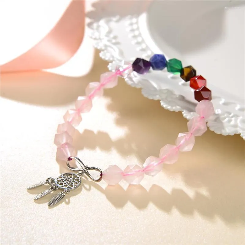 STRAND POZE ROSE POEDER CRYSTAL QUARTZ NATUURLIJKE STEEN 8MM GEZICHTIGE BRACELPEL ELASTISCHE MAKKEL Bangle sieraden Liefhebbers Vrouw 7,5 inch y955