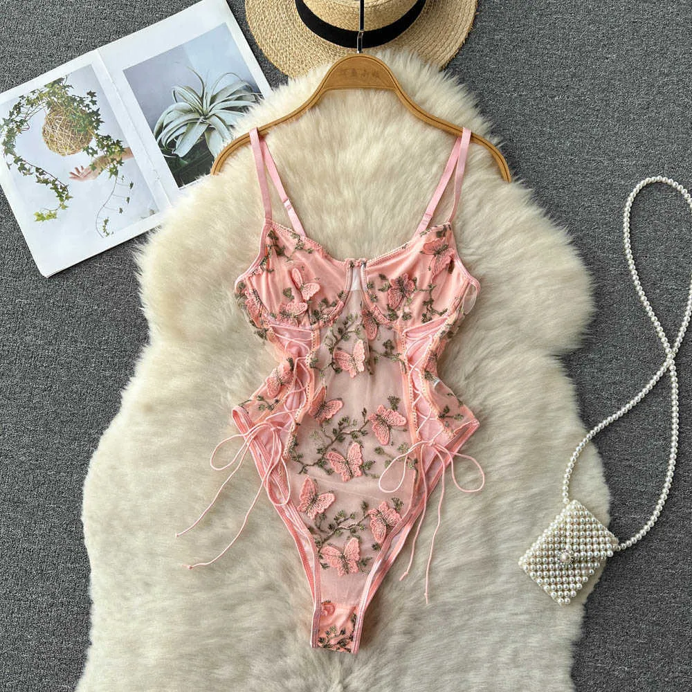 Nxy Women Butterfly Embroidery Bodysuits Transparent Mesh Camis Jumpsuits French Underwear Lace Up Sexy Beach Playsuits 230328