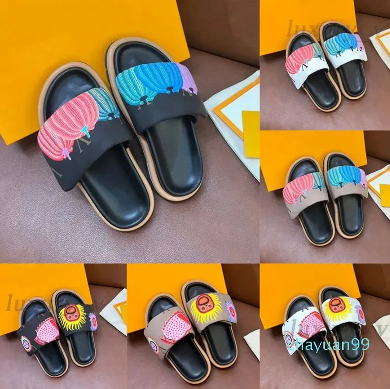 Sandales de créateurs Piscine Oreiller Mules Femmes Sunset Flats Luxe Confort Mules Citrouilles Imprimé Rembourré Sangle Avant Pantoufles Faciles à porter Diapositives