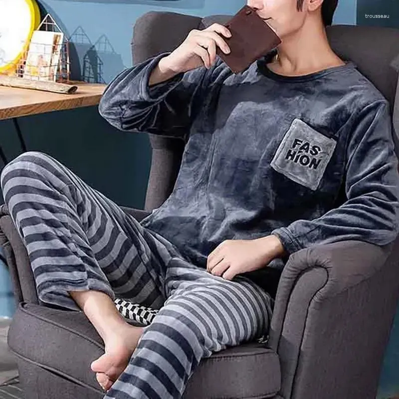 Men's Sleepwear Autumn Pajamas Sleeved Men Cloth Winter Warm Loose Set Home Flannel Cartoon Thicken Top Male Leisure Long