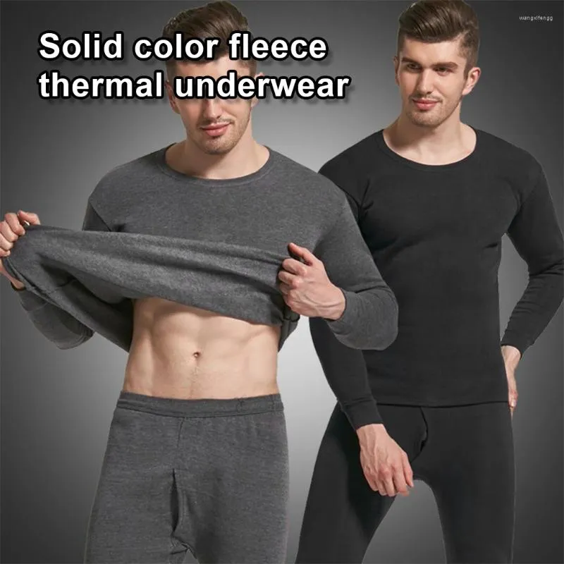 Men's Thermal Underwear Man Thicken Velvet Inner Long Sleeve Winter Office  School Warm Tops Bottom Clothes Pant Suit For Black L