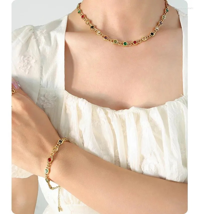 Necklace Earrings Set Selling Fashion Multi Color Zirconia Bracelet Ladies Stainless Steel With 18k Gold Plating Jewelry