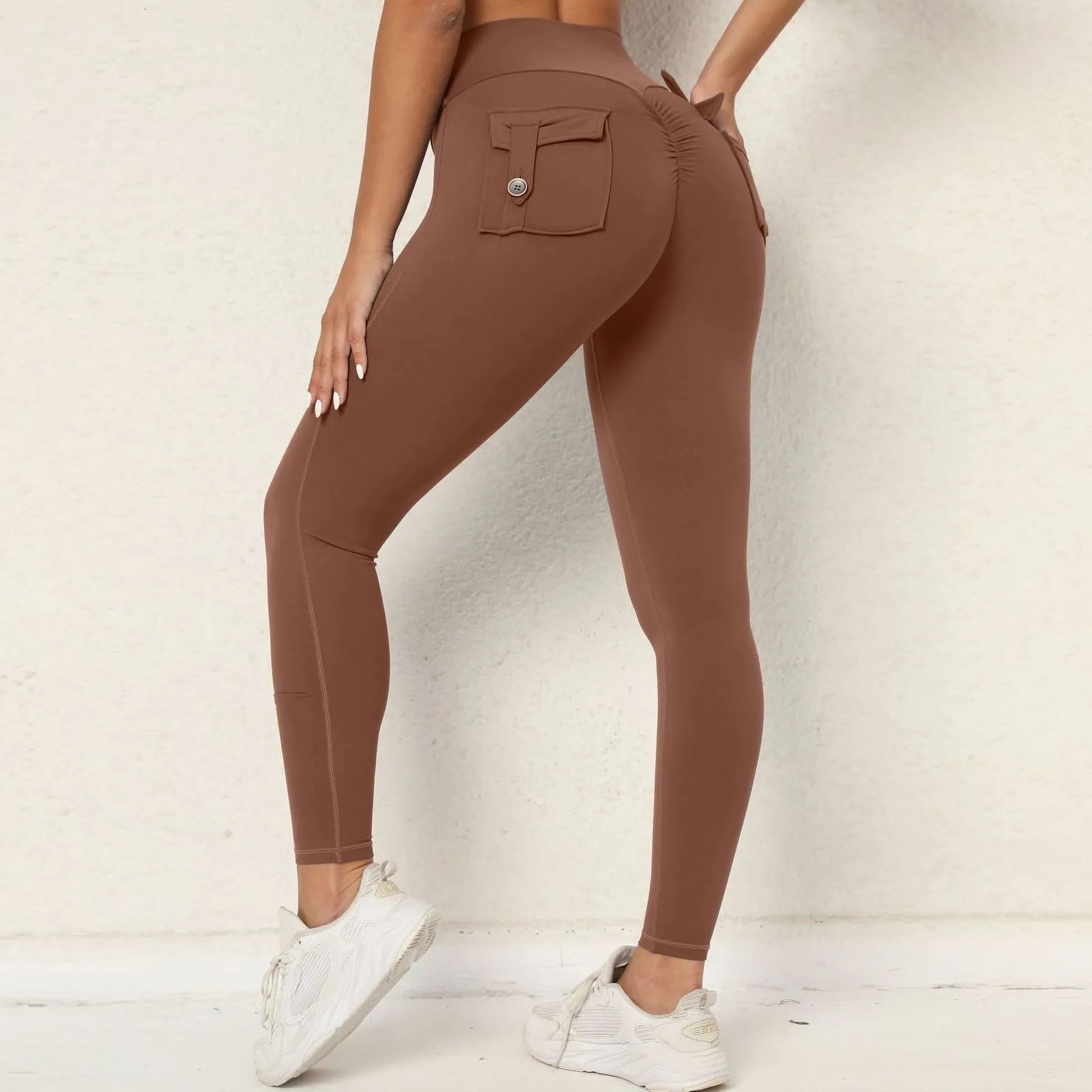 Women's Leggings Lycra leg women's high waist tight women's pocket exercise gym leg yoga pants coffee black khaki red orange 230406