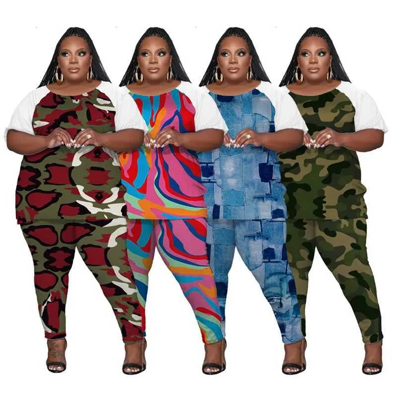 Plus size Women Clothing Casual Tracksuits 2023 New Cute Large Raglan Print Round Neck Short Sleeve Pants Two Piece Set