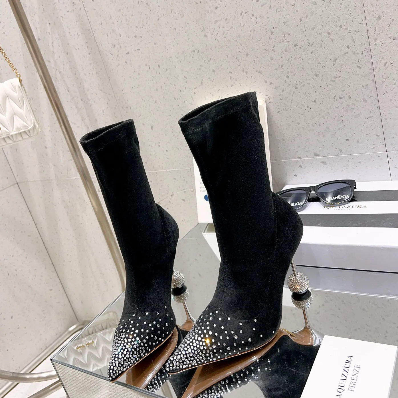 Aquazzura disko topu uçlu topuklu topuklu baldır süet rhinestone yüksek topuk ayak bileği botları kadın patik lüks tasarımcılar slip-on akşam parti ayakkabı fabrika ayakkabı ayakkabı