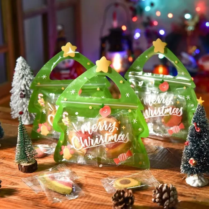 Sacchetti regalo di Natale con manici Custodia in plastica con cerniera Stand Up Borsa per caramelle unica di buon Natale con finestra frontale trasparente per feste Fa