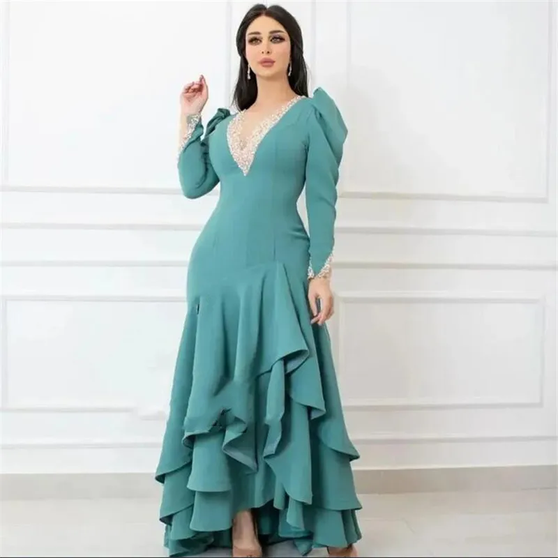 Emerald Green Tiered Evening Dresses for Saudi Arabia, V Neck Long Sleeve  Party Dresses with Criss-Cross Custom Made Prom Dress from Dhgate Prom  Dresses - price 135.83