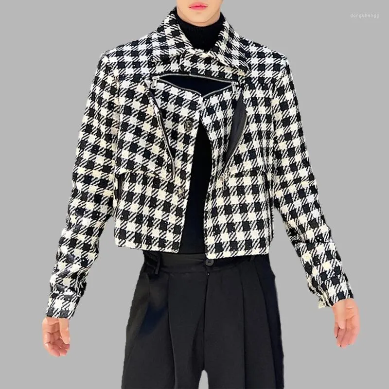 Herrenjacken Mode Männer Tausend Vogel Plaid Jacke Reißverschluss Revers Langarm Streetwear Koreanische Chic Casual Männliche abgeschnittene Mäntel