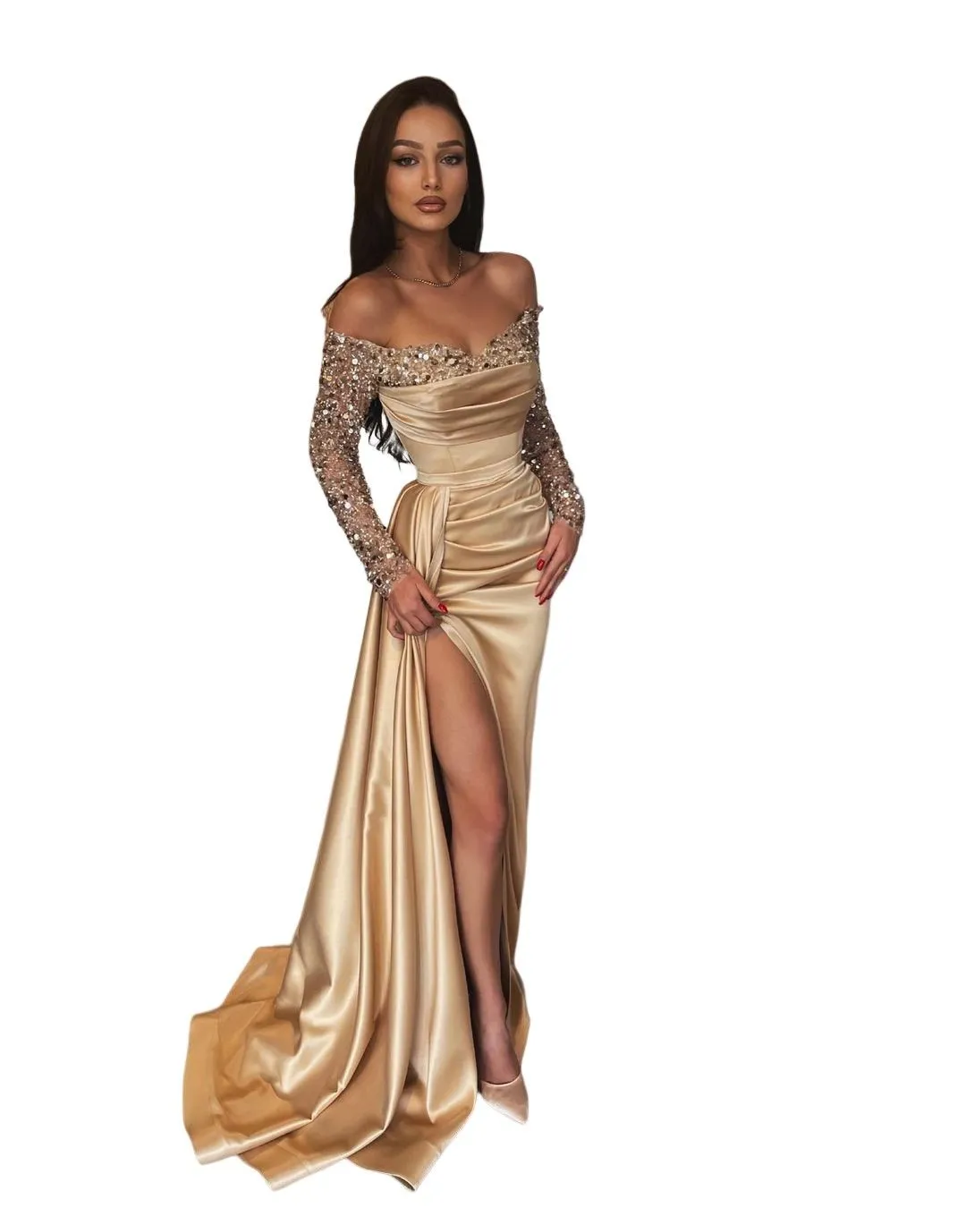 Gold Satin Gold Satin prom dress with Long Sleeves, Off-Shoulder Pleated Sheath Design, Crystal Beads, and Floor-Length Hemline - Perfect for Formal