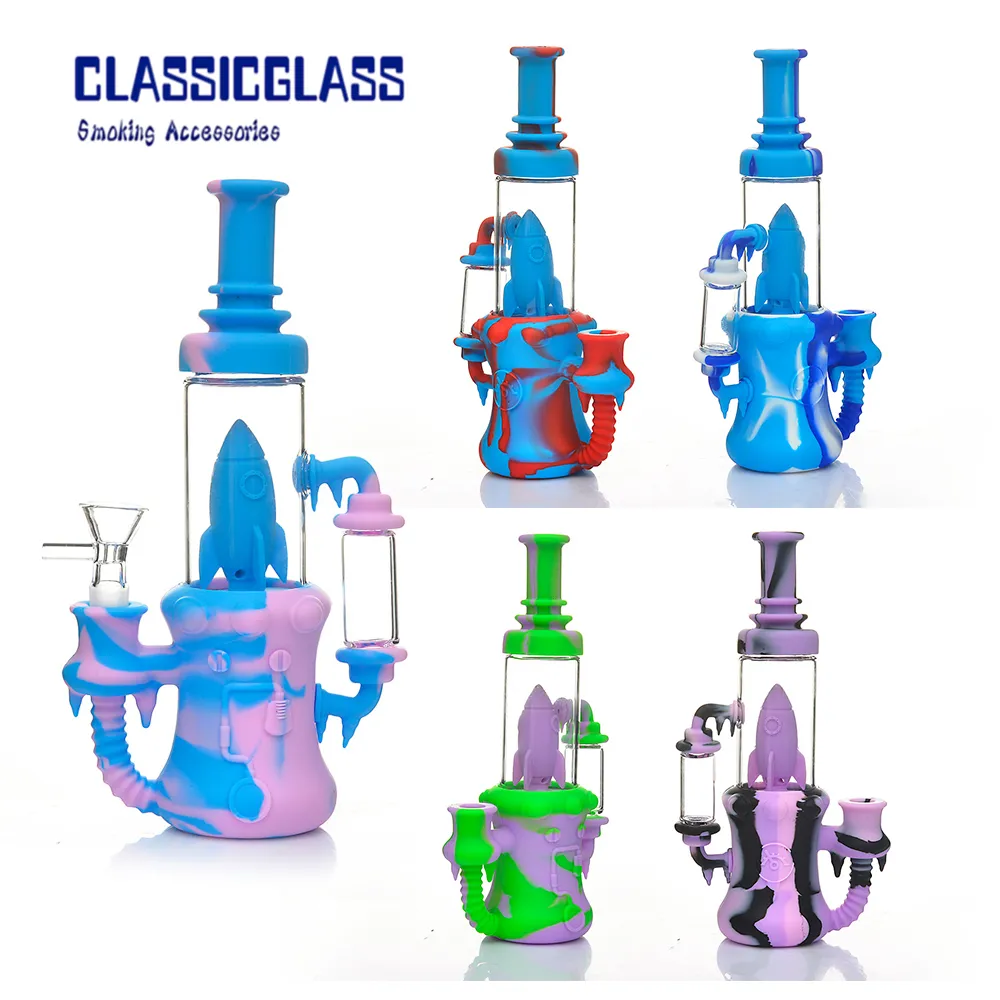 Pipe à eau en silicone de 8,8 "avec bol de narguilés Dia = 133 mm style fusée sillicone bong dab rigs couleurs mélangées