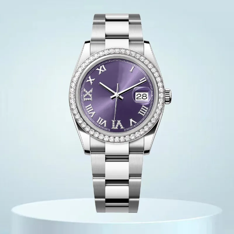 럭셔리 디자이너 여성 시계 고품질 relojes 36mm 41mm 퍼플 로마 디지털 다이아몬드 다이얼 8215 운동 패션 방수 사파이어 몬트레 커플 시계