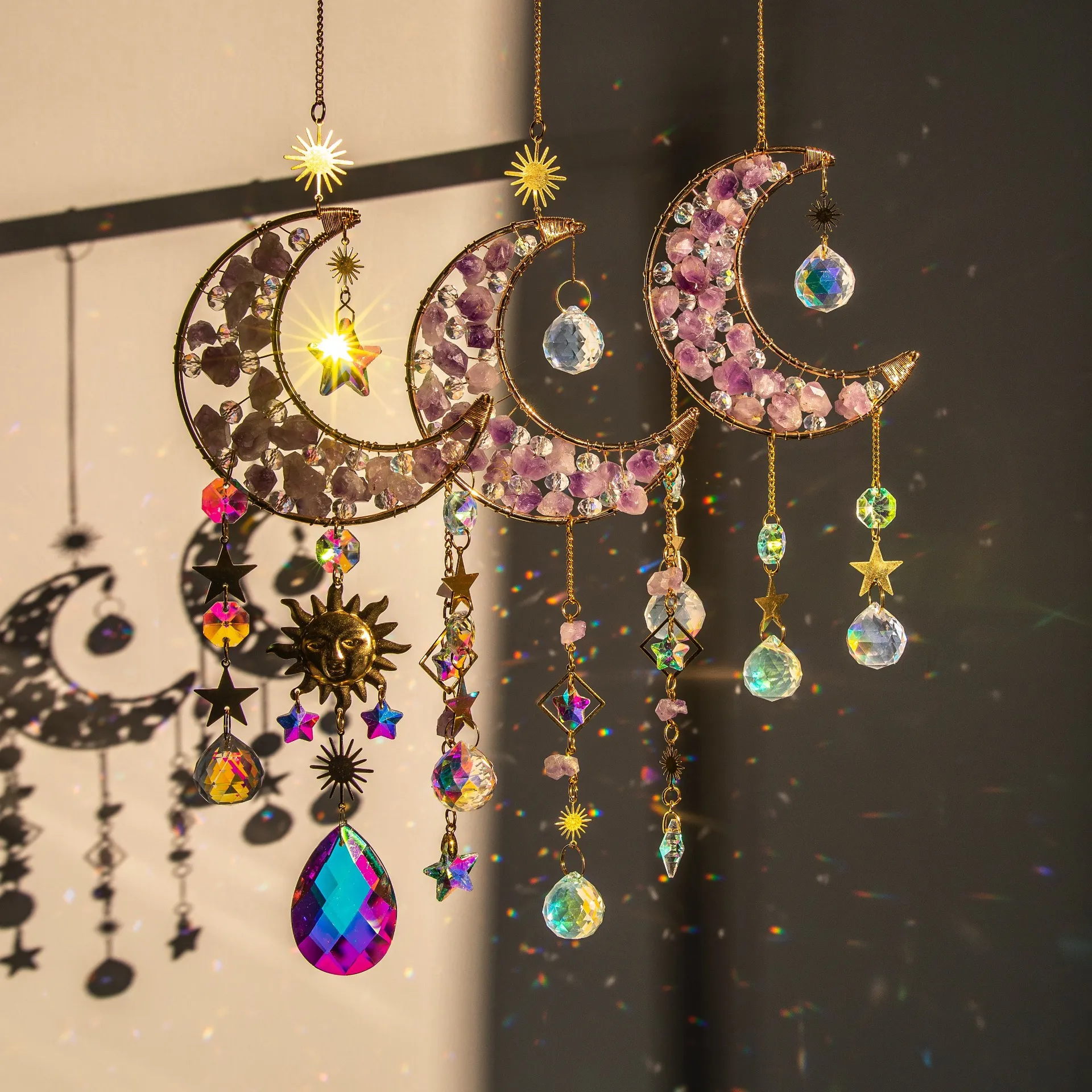 Ametist Orijinal Stone Moon Star Sun Catcher Asılı Pencere Dekorasyon Araba Asılı Işık ve Gölge Rüzgar Zil