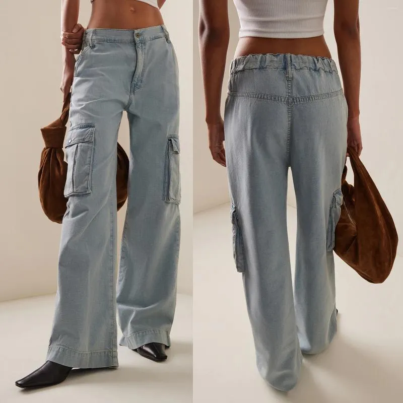 Damenjeans Combhasaki Y2K Vintage American Retro Frühling Sommer Denim Lange Hose Himmelblau Baggy Wide Leg mit mehreren Taschen