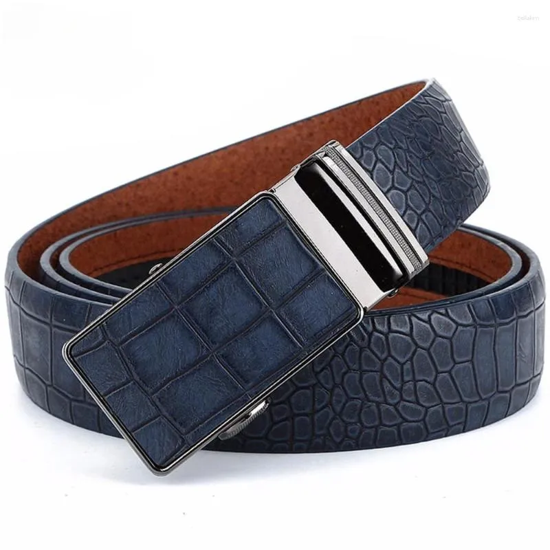 Belts CUKUP Men's Leather Cover Automatic Buckle Metal Quality Crocodile Stripes Blue Cow Skin Accessories Belt For Men NCK133
