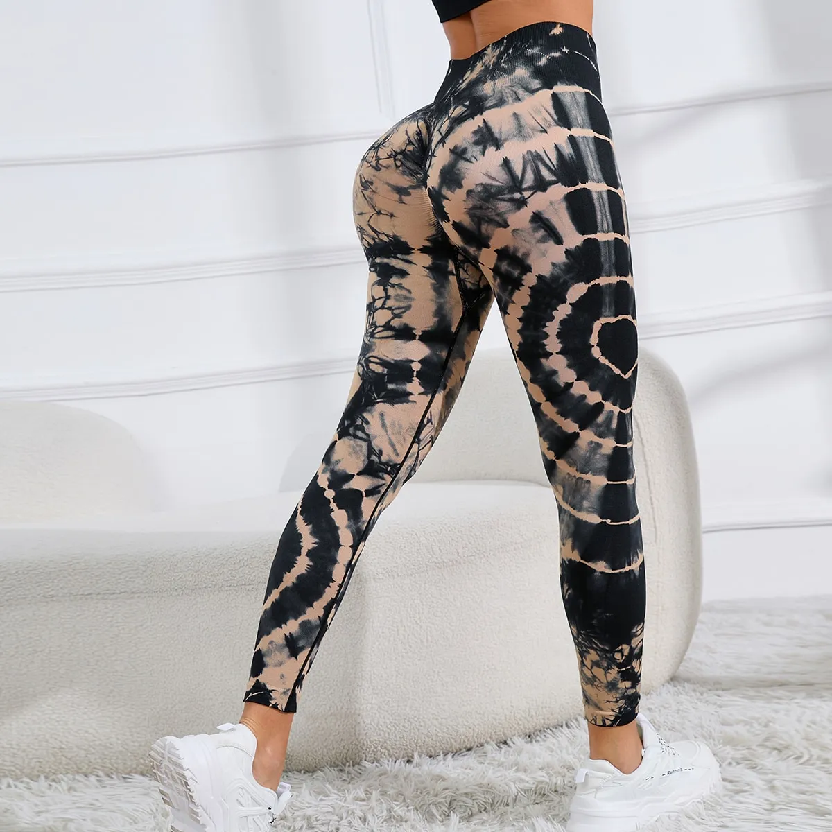 Pantalones de yoga Tie Dye Cintura alta Leggings sin costuras Scrunch Butt Butting Tutero Tallado elástico Correr para mujeres