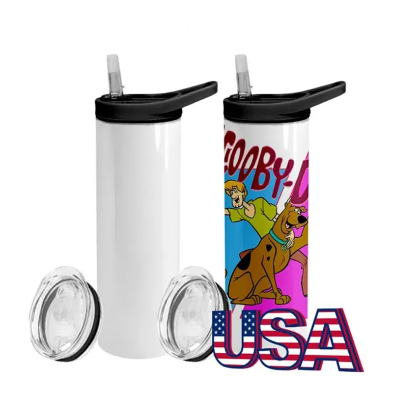 Amerikaans magazijn! Lege Sublimatie Tumbler 20oz RECHTE magere tuimelaar met zwart grijs handvat Deksel Rechte kopjes Roestvrijstalen bierkoffiemokken Dubbele deksels!