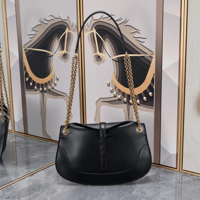 Dubbelkedja underarm axelväskor kvinnor designer äkta läder handväska svart kohud sadel väska ny stil tjej mode shopping väskor