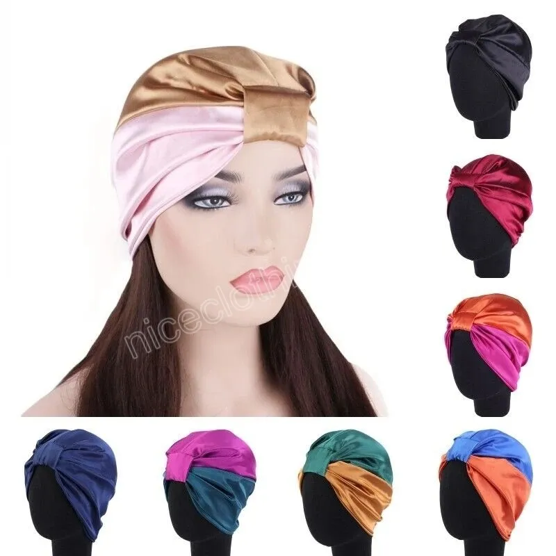 Candy Color Patchwork Satin Elastic Nightcap Fashion African Womens Hair Care Beauty Hats Bekväm rayon sovmössa