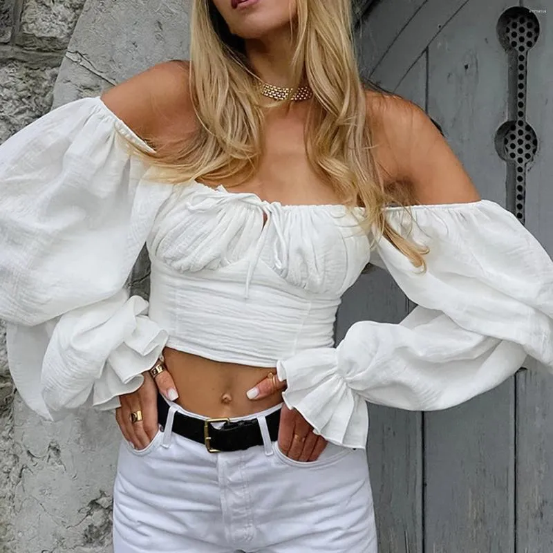 Damesblouses Mode Off-shoulder Crop Tops Effen Kleur Lange mouw Stropdas Voorzijde Show Navel Bustier Ruches T-shirts