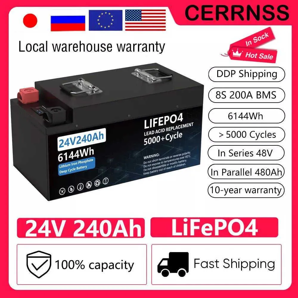 LiFePO4 24V 200AH batterie Pack 240AH Lithium fer phosphate Batteries solaires Grand A cellules intégrées 200A BMS pour RV bateau sans taxe