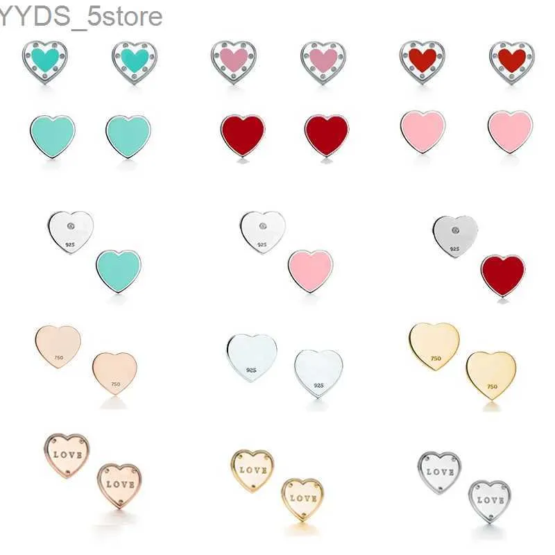 Stud T Series 925 Sterling Silver Enamel Blue Red Heart Pink Peach Stud Earrings Women Girl Letter Stone Valentine's Day Gift YQ231107