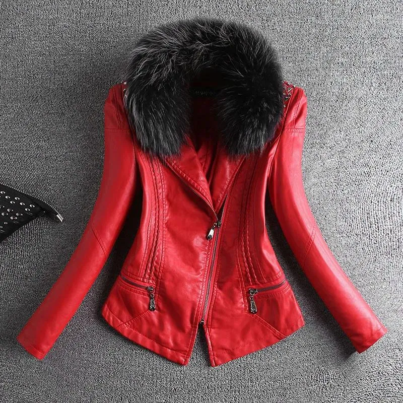 Kvinnor läder 2023 Spring Autumn Women Jacket Real Fur Slim Short Motorcycle Coat