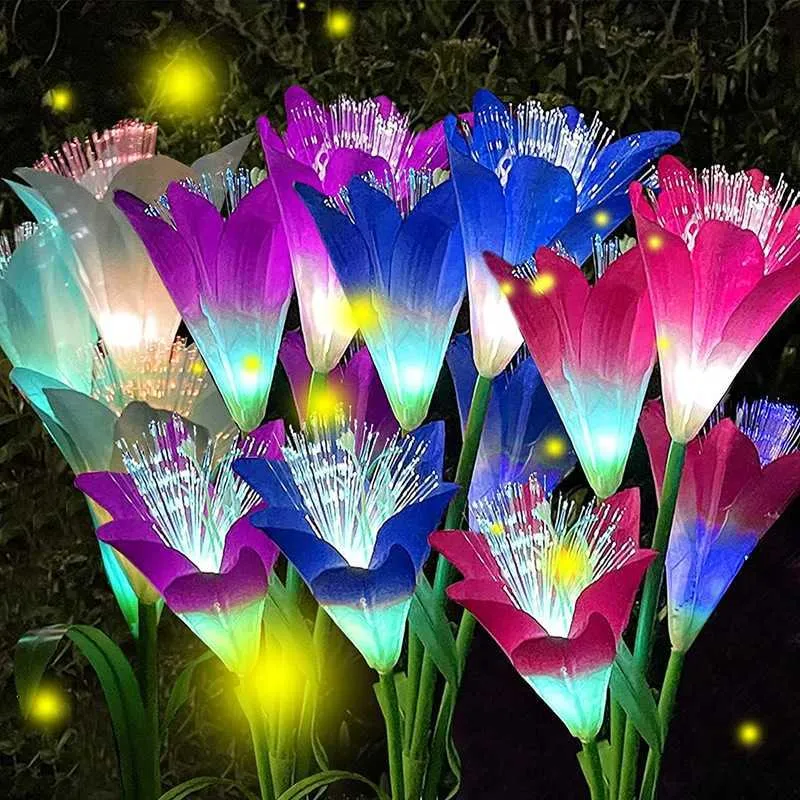 Lawn Lamps Outdoor Solar Lights for Garden and Vegetable Patch Decorations Optical Fiber Lily Lights Waterproof RGB Led Lily Lawn Lamps P230406