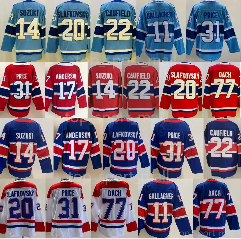 IJshockey 22 Cole Caufield Jerseys 20 Juraj Slafkovsky 77 Kirby Dach 14 Nick Suzuki 11 Brendan Gallagher 31 Carey Price Josh Anderson Reverse Retro Team Rood Blauw Heren