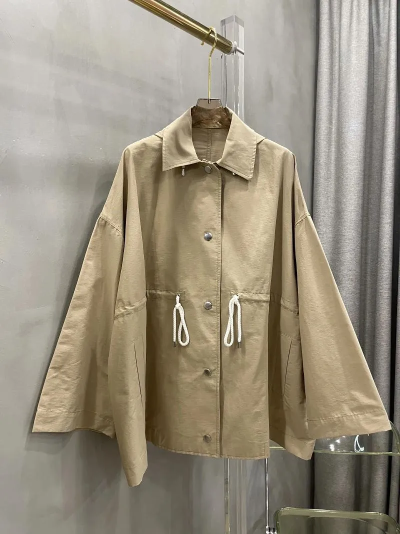 Women's Trench Coats 2023 Women Fashion High Quality Long Sleeve Lapel Hooded Drawstring Waist Parker Short Coat 0901