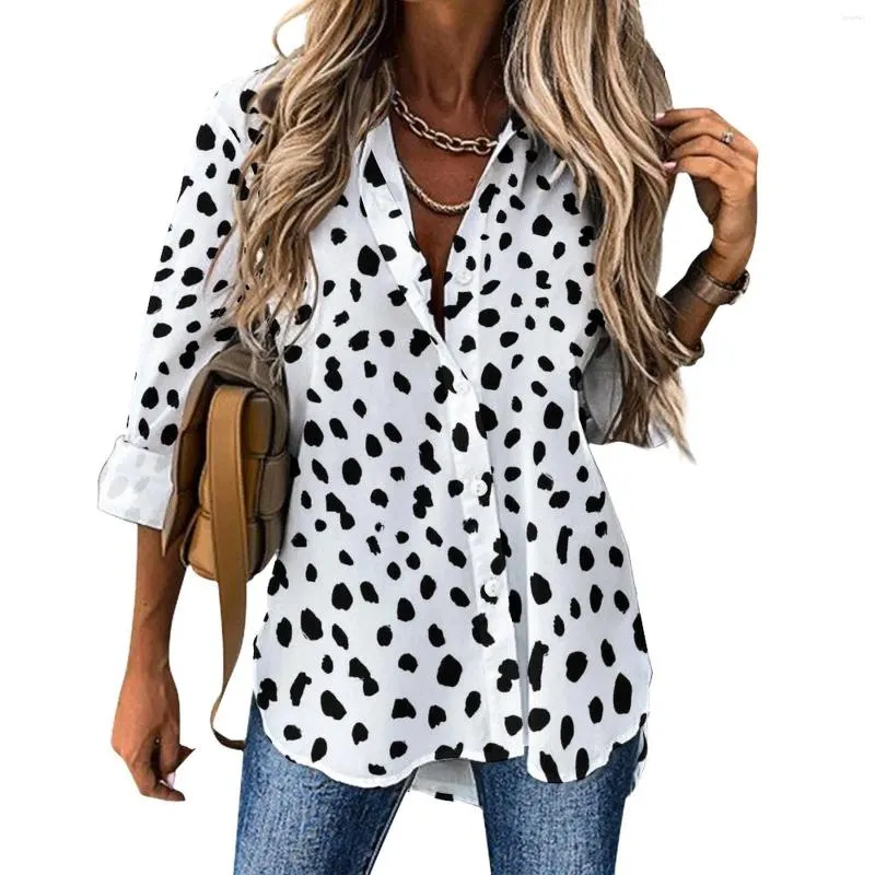 Blusas de mujer Blusa suelta con estampado de perro dálmata Camisa divertida de manga larga informal en blanco y negro Tops gráficos de verano para mujer