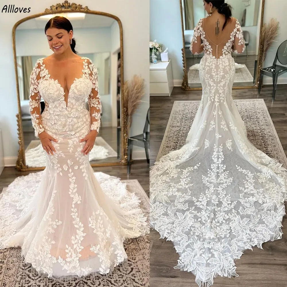 Plus Size Long Sleeves Mermaid Wedding Dresses Bohemian Lace Appliqued Sexy Deep V Neck Boho Bridal Gowns Arabic Aso Ebi Backless Court Train Vestidos De Novia CL2893