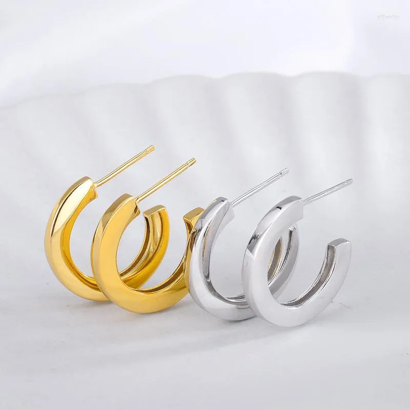 Hoop Earrings Genuine Real Jewels E1168 Sterling Silver S925 Smooth Face C Type Female Personality Light Ins Cold Wind Earstuds