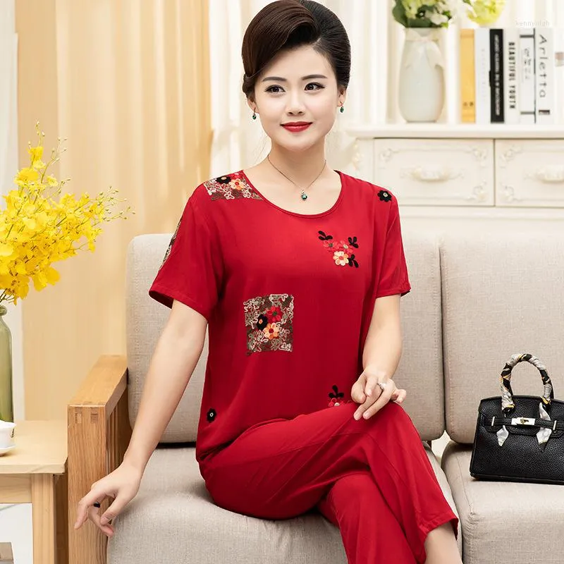 Women's Sleepwear Embroidery Women's Mother 2PCS Pajamas Sets Summer Thin Plus Size 3XL 4XL 5XL Nightwear Casual Loose Home Clothing